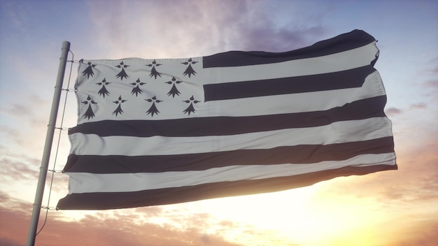 Brittany flag, France, waving in the wind, sky and sun background. 3d rendering.