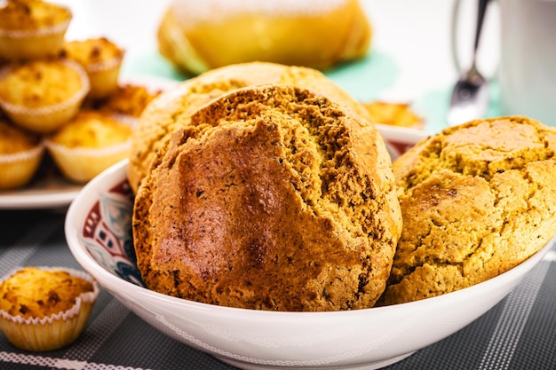 Broa traditional rustic bread from Brazil and Portugal made from cornmeal and corn baked and served for breakfast