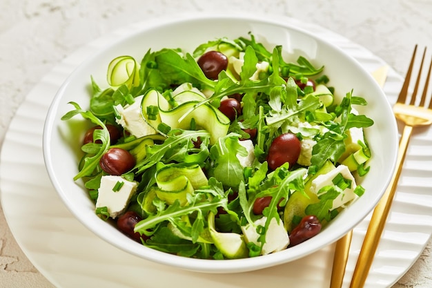 Broad bean feta cheese rocket and cucumber salad