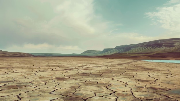 Photo a broad view of a cracked arid desert floor stretching towards distant mountains under an overcast sky evoking a sense of isolation and rugged beauty