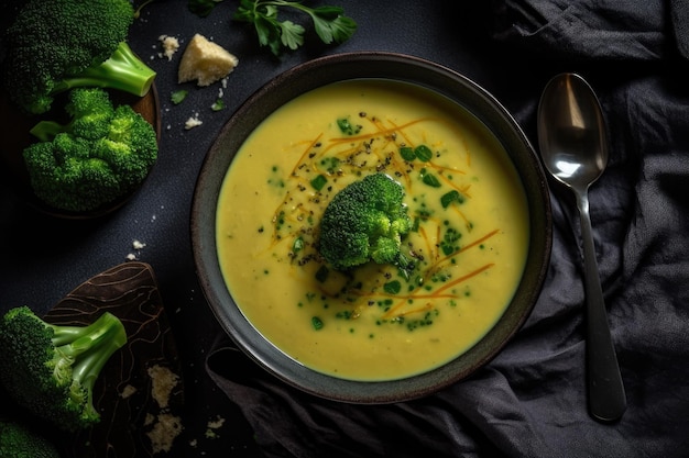 Broccoli Cheddar Soup Vegetarian Top View Generative AI