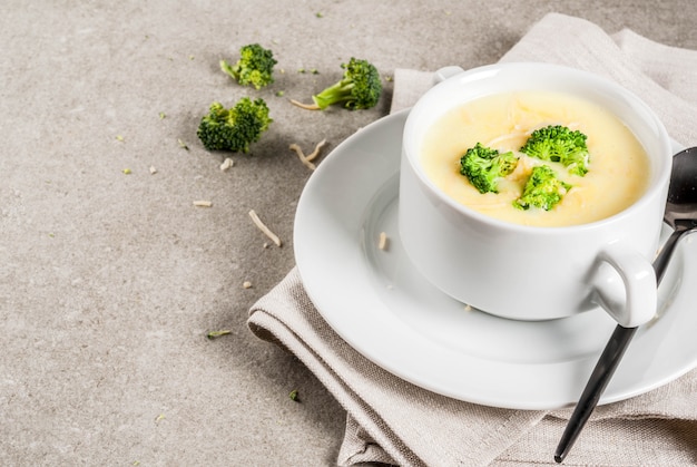 Broccoli, cheese and chicken soup, on gray stone table, copyspace