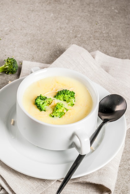 Broccoli cheese and chicken soup on gray stone table