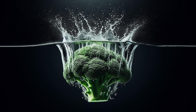 a broccoli head is surrounded by a splash of water