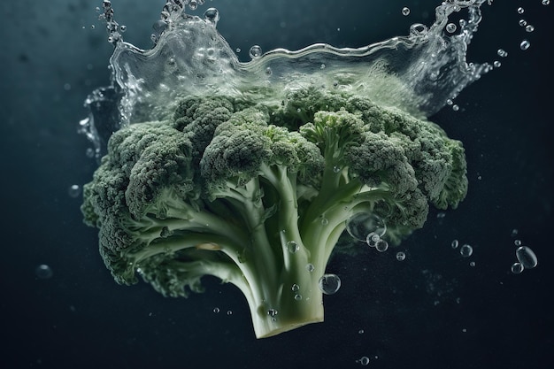 A broccoli is being dropped into water and the bottom is green