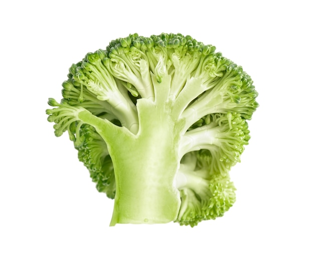 Broccoli isolated on white background. Raw green broccoli vegetable. Close up. Top view.