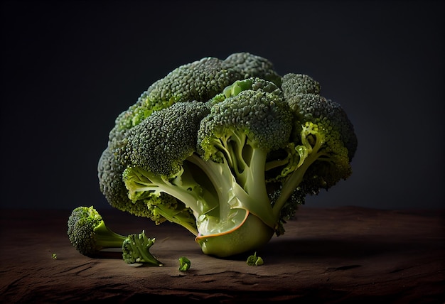 Broccoli on round cutting board with natural light on the left in dark mood AI Generated