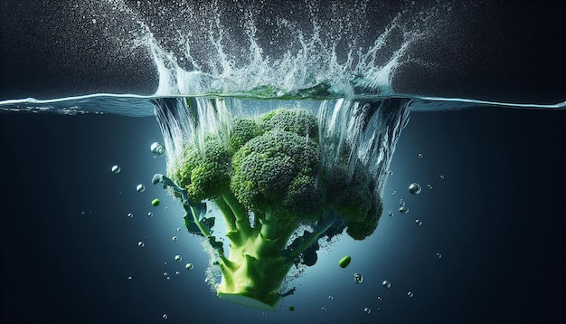 Broccoli Splashing Into Water With Dramatic Effect