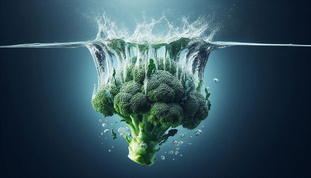 Photo broccoli splashing into water with dramatic effect