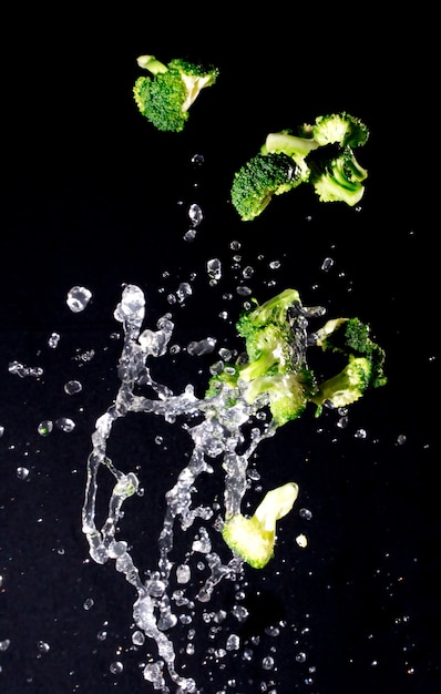 Broccoli with water splash on the black background