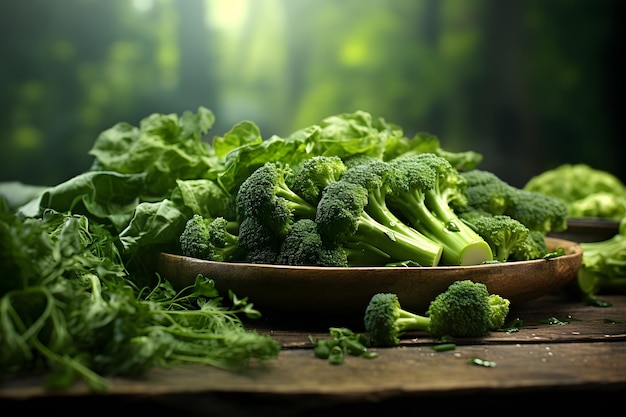 broccolini in table green background vegan food concept