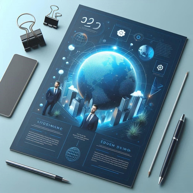 a brochure with a picture of a man and a blue planet on it