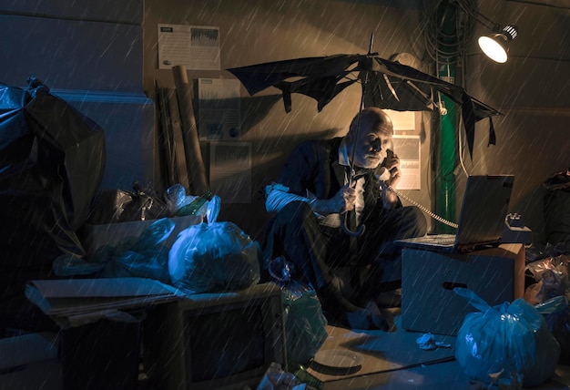 Broke jobless businessman sitting on the street under the rain