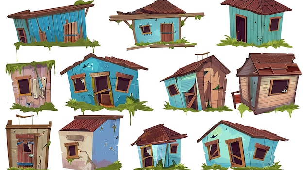 Broken abandoned house buildings with windows and doors vector illustration