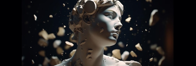 Broken ancient Greek statue head falling apart into piecesmonitors Generative AI