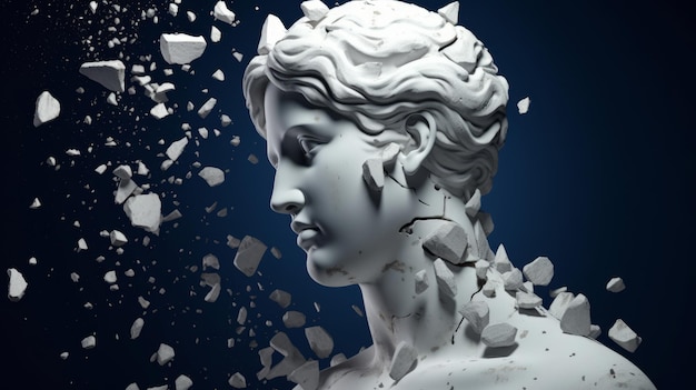 Broken ancient Greek statue head falling apart into piecesmonitors Generative AI