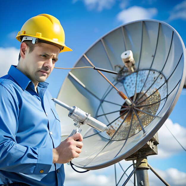 Photo broken antenna with a technician in the background examining it