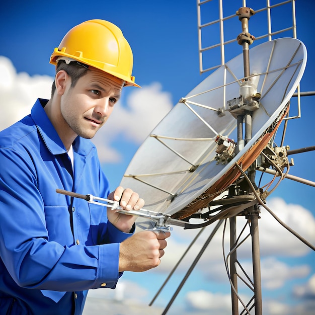 Photo broken antenna with a technician in the background examining it