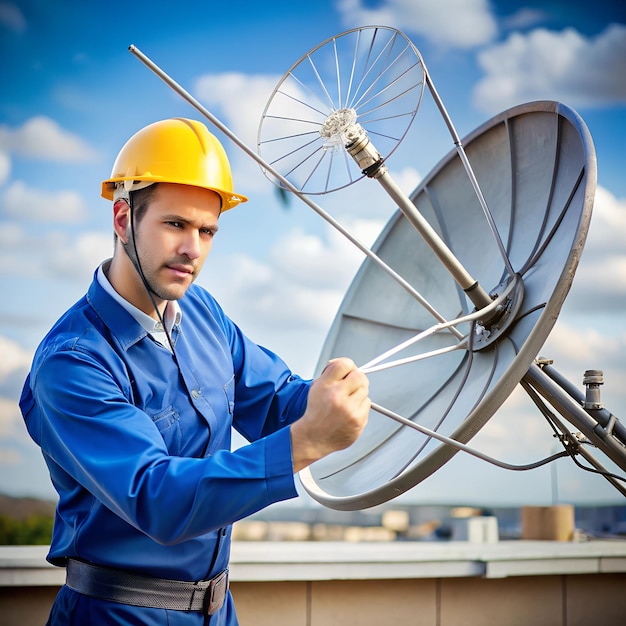 Broken antenna with a technician in the background examining it