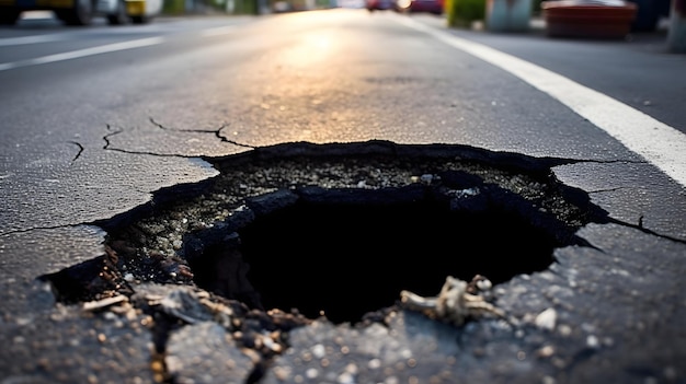 Broken Asphalt Road with a Hole