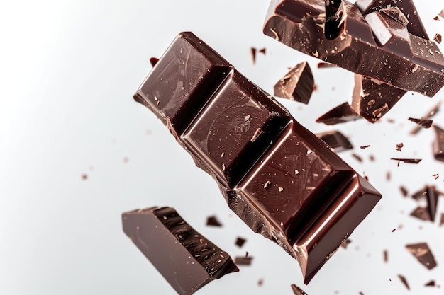 Broken bar of dark chocolate in the air on a white background