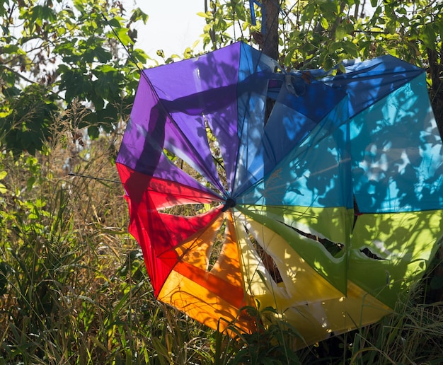 Broken beach umbrella torn by storm