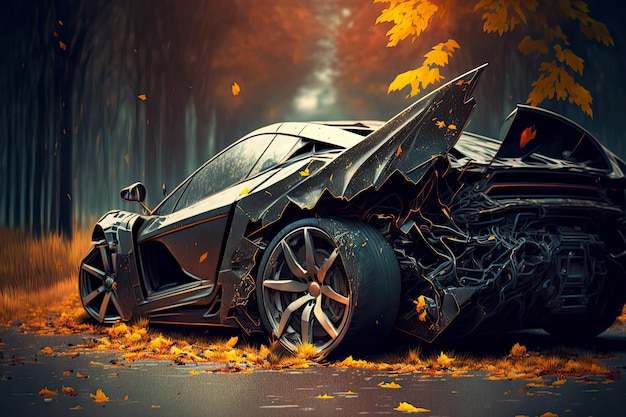 Broken black auto in autumn car accident