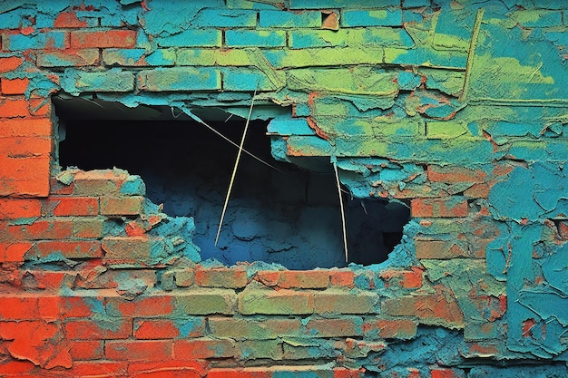 Broken brick wall with blue and orange paint Background texture