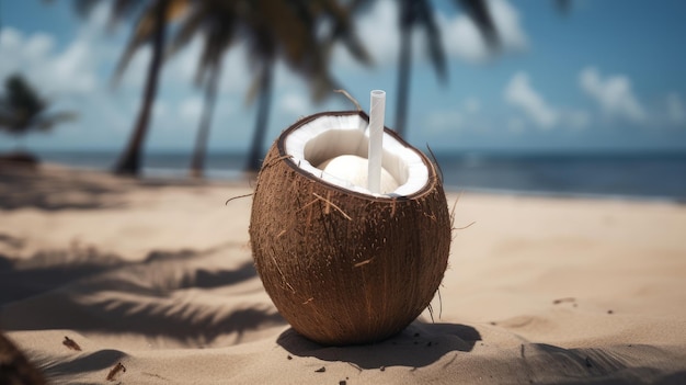 Broken brown coconut on sandy beach Generative ai