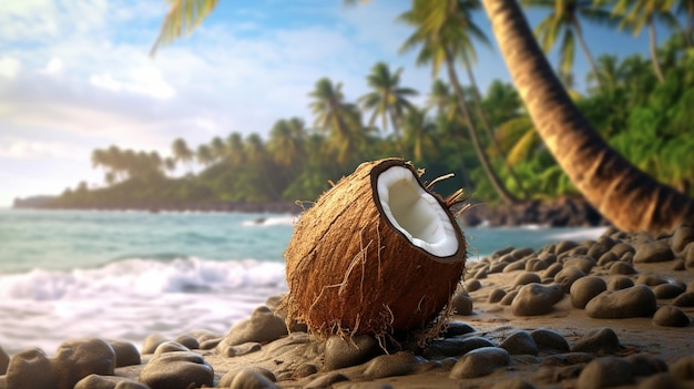 Broken brown coconut on sandy beach Tropical beach World Coconut Day