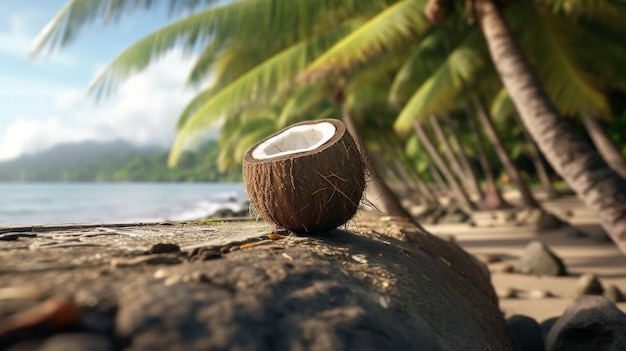 Broken brown coconut on sandy beach Tropical beach World Coconut Day