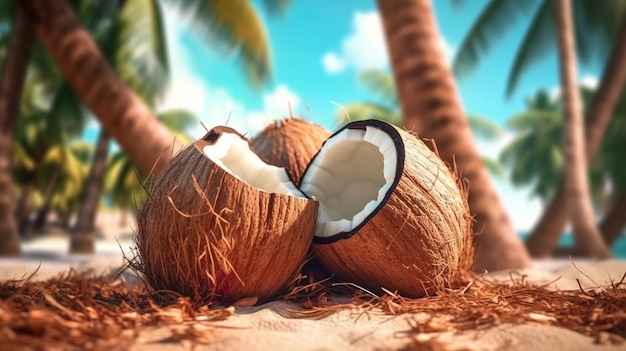 Broken brown coconut on sandy beach World Coconut Day