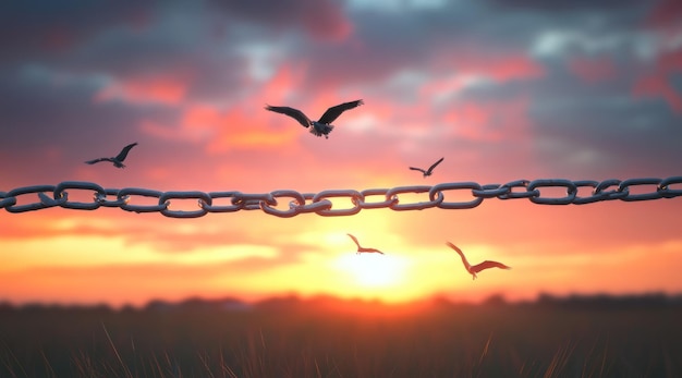 Photo a broken chain with birds flying away in the background sunrise beautiful realistic