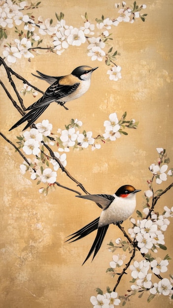 Photo a broken chinese scroll with white cherry blossoms and swallows