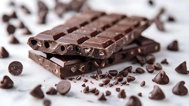 A broken chocolate bar sits atop a white surface surrounded by chocolate chips