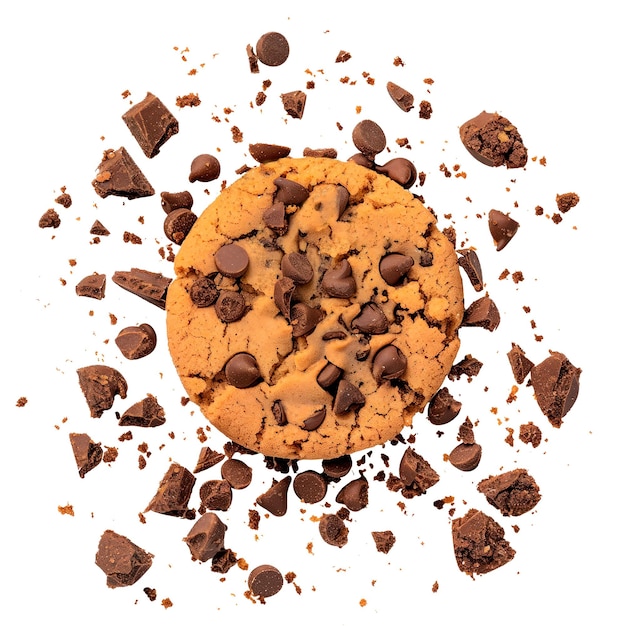 Photo broken chocolate chip cookies with scattered crumbs isolated on a transparent background dynamic