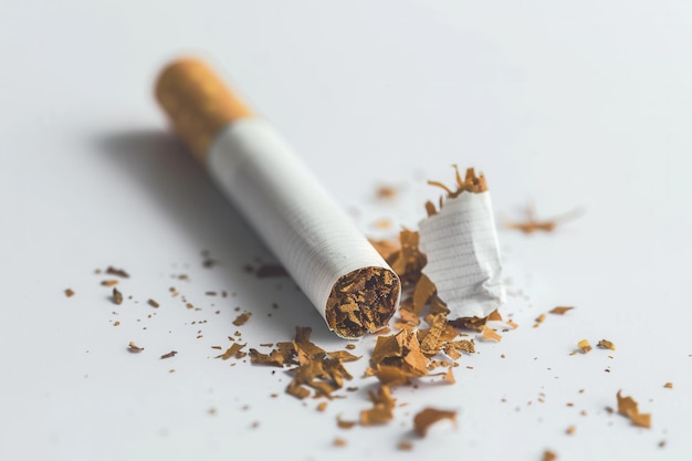 A broken cigarette lies on a white background surrounded by tobacco fragments symbolizing the decision to quit smoking and move toward a healthier life Generative AI