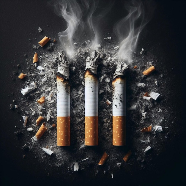 broken cigarettes with ash and smoke showing the harmful effects of tobacco on a solid black