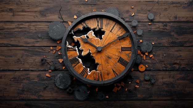 Broken clock with wooden face and scattered gears on wooden background