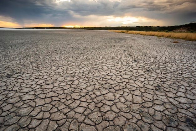 Broken dry soil in a Pampas lagoon La Pampa province Patagonia Argentina