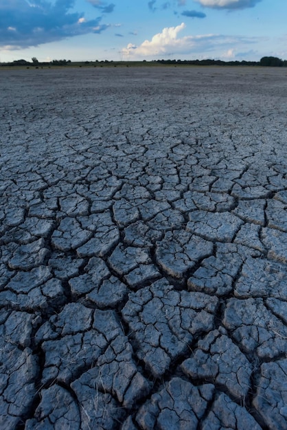 Broken dry soil in a Pampas lagoon La Pampa province Patagonia Argentina