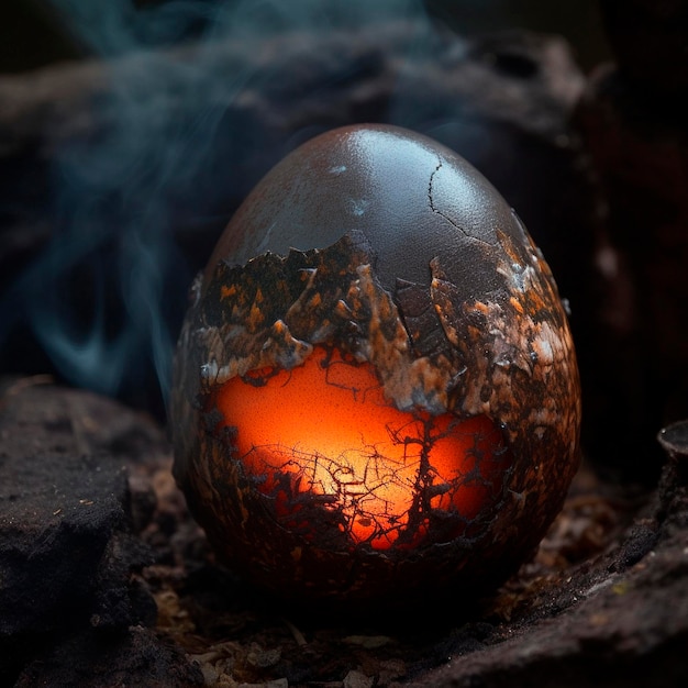 A broken egg with a burning hole in it