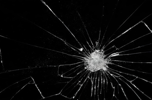 Broken glass on a black background cracks shards