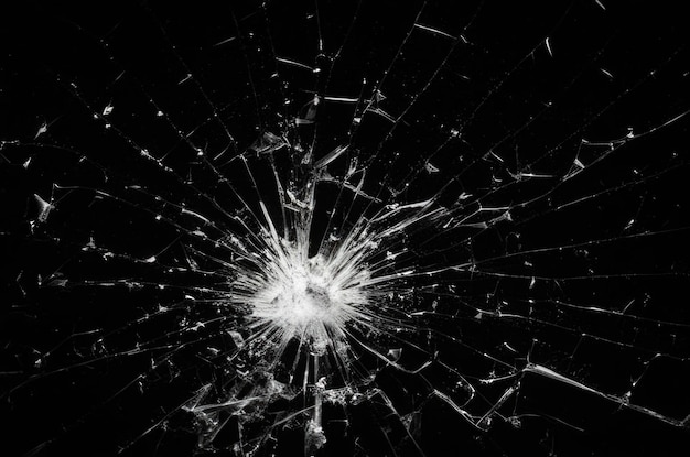 Broken glass on a black background cracks shards