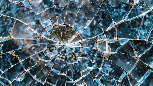 Broken glass on a blue background Abstract background