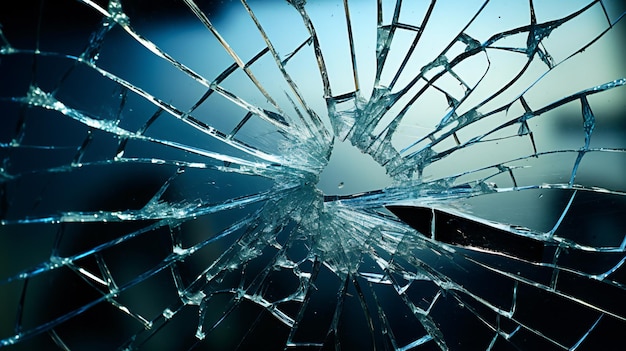 a broken glass with a blue background and a broken window