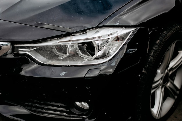 Broken headlight of a modern car.