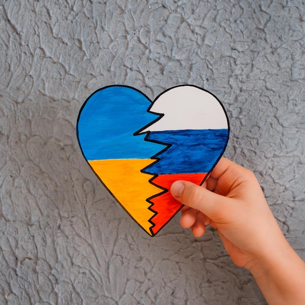 Broken heart in the colors of the flag of Ukraine and Russia in children's hands on a gray background The concept of ending the war in Ukraine and reconciliation