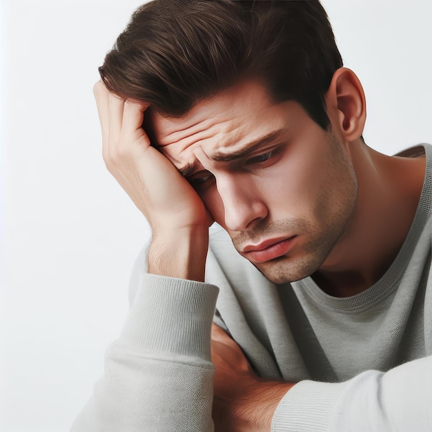 Broken heart concept with sad man model isolated on a white background