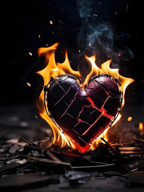 Photo broken heart on fire separation concept